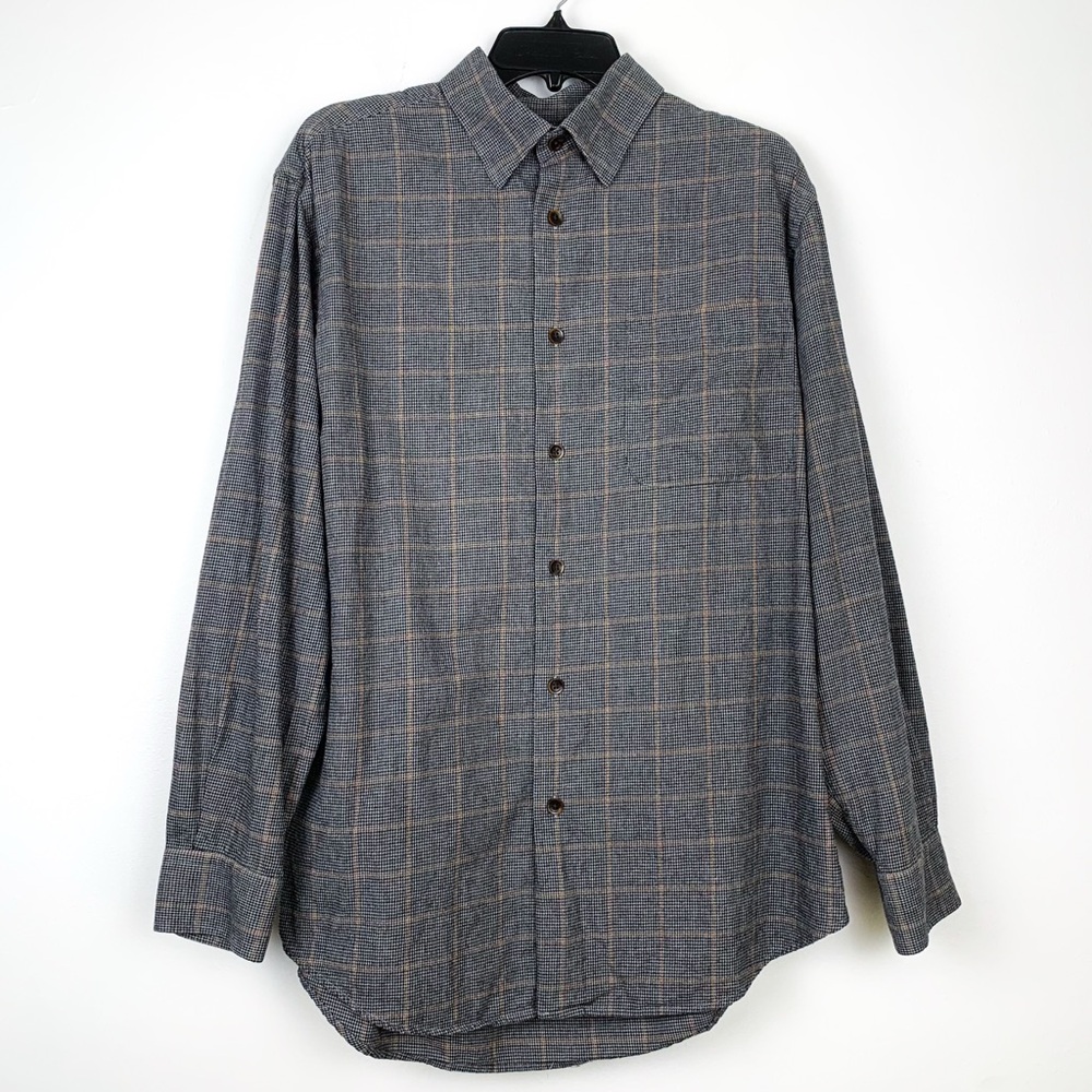 Orvis cotton & wool shirt button-up black gray & tan houndstooth plaid medium